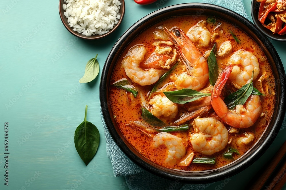 Bowl of Thai Tom Yum Soup with Shrimp, Basil, and Rice Bowl of Thai Tom Yum Soup with Shrimp, Basil, and Rice