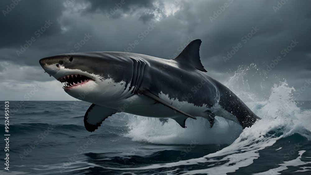 Naklejka premium A powerful great white shark is captured mid-leap, its massive jaws wide open as it breaches the ocean's surface.