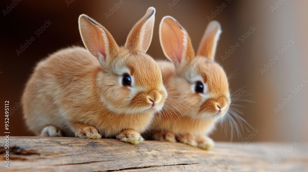 Two adorable rabbits sitting closely together on a wooden surface, showcasing their soft fur and playful expressions. Two adorable rabbits sitting closely together on a wooden surface, showcasing their soft fur and playful expressions.