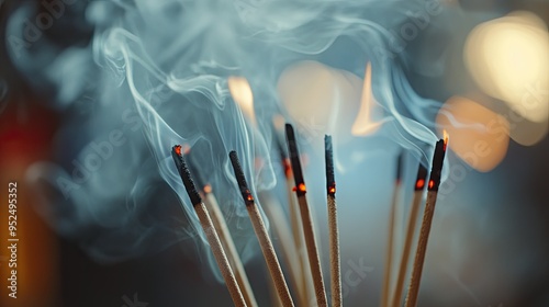 A close-up of traditional incense sticks burning with smoke rising, with copy space.