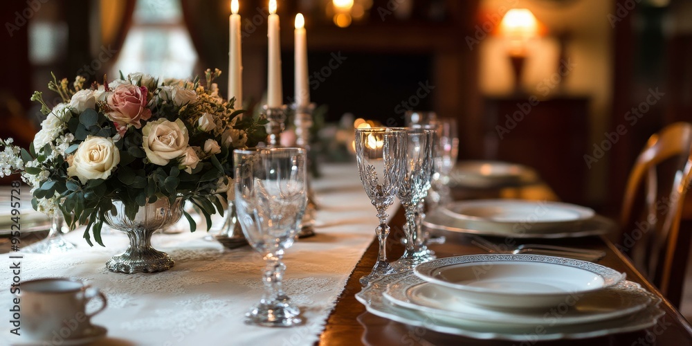 Elegant dining table setting with flowers, candles, and glasses. Elegant dining table setting with flowers, candles, and glasses.