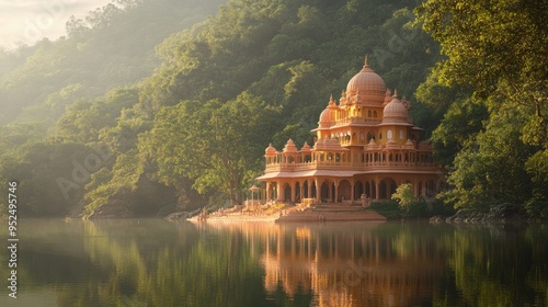 A peaceful image of a Hindu ashram in a natural setting with ample copy space. photo