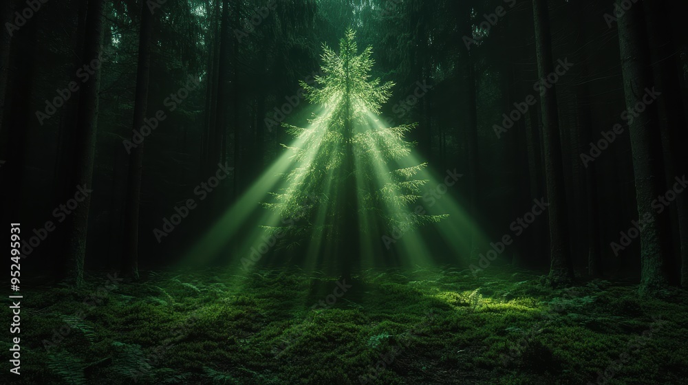 Obraz premium Sunlight pierces through the thick canopy of a lush green forest, casting radiant beams of light across the tranquil woodland floor.