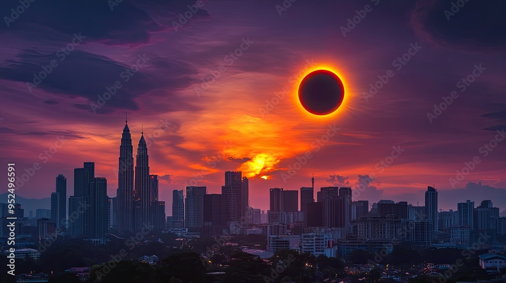 Fototapeta premium Kuala Lumpur skyline under the dramatic colors of a partial annular solar eclipse, showcasing the rare celestial event