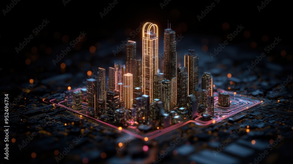 Fototapeta premium Neon gold lights illuminate a futuristic cityscape at night, highlighting the towering skyscrapers and the vibrant, technologically advanced urban setting.