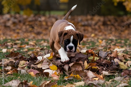 Boxer puppy explores a leaf pile, curiosity leading the way photo