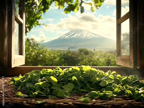 An assortment of Tanzanian amaranth leaves and green bananas laid out on a handwoven mat, with Mount Kilimanjaro s snowcapped peak visible through a distant window photo