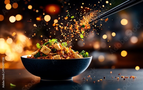 Climateconscious Chinese mapo tofu, featuring organic tofu and Sichuan peppercorns, served in a ceramic bowl with the backdrop of a bustling Chinese street market photo