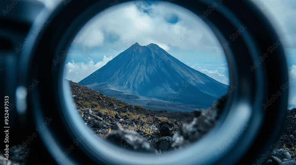 Majestic view of the volcano and blue sky with clouds through the camera lens.