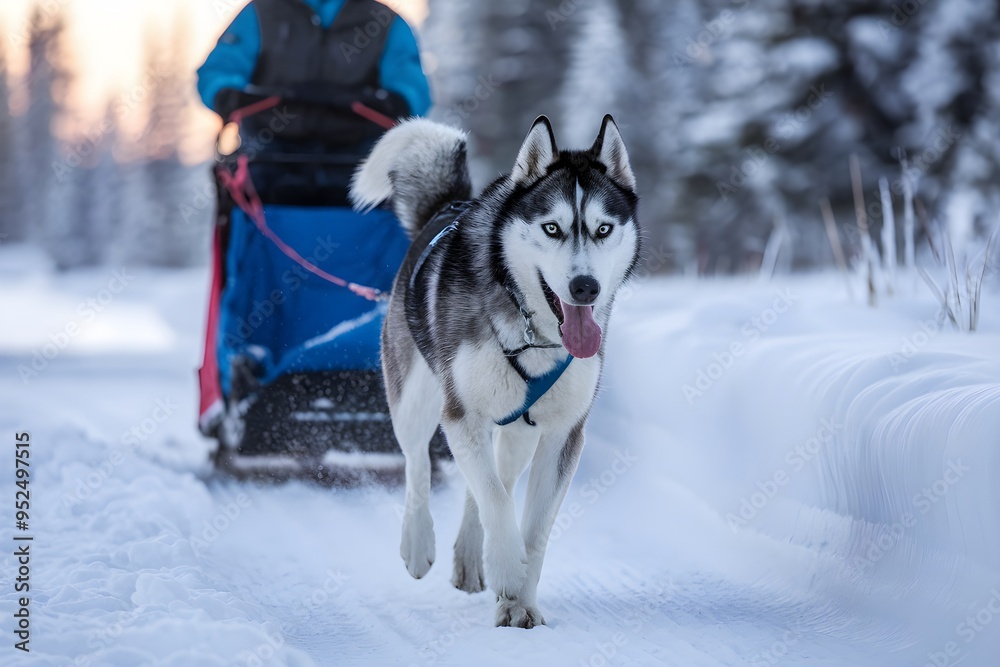 Siberian Husky pulls sled, focused on the snowy trail Siberian Husky pulls sled, focused on the snowy trail