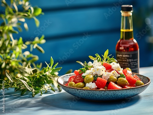 Climateconscious Greek salad, featuring locally sourced olives and feta, served in a ceramic bowl with a view of a Greek island village photo