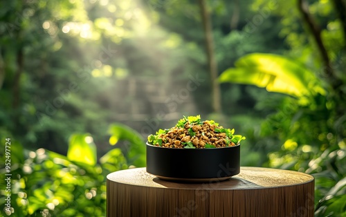 Climateconscious Guatemalan pepian, a traditional stew made with organic chicken and pumpkin seeds, served in a clay bowl with a view of the Mayan ruins of Tikal photo