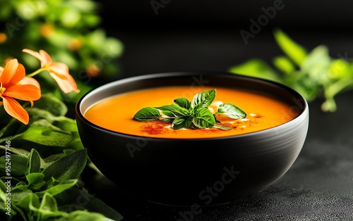 Climateconscious Haitian joumou soup, made with organic pumpkin and vegetables, served in a ceramic bowl with a backdrop of the Citadelle Laferriere photo