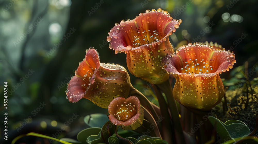 Vivid close-up of carnivorous pitcher plants displaying vibrant red and orange hues, adorned with delicate dewdrops, set against a lush green background. Vivid close-up of carnivorous pitcher plants displaying vibrant red and orange hues, adorned with delicate dewdrops, set against a lush green background.