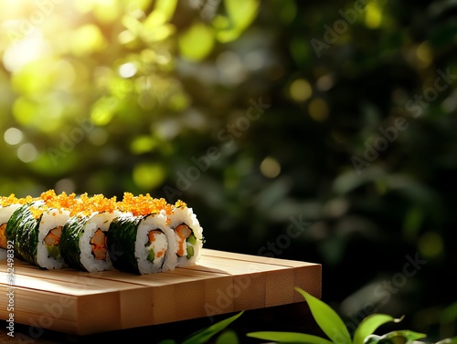 Climateconscious packaging of sushi rolls, wrapped in biodegradable seaweed sheets, placed on a bamboo platter with a backdrop of a traditional Japanese garden during sunset photo