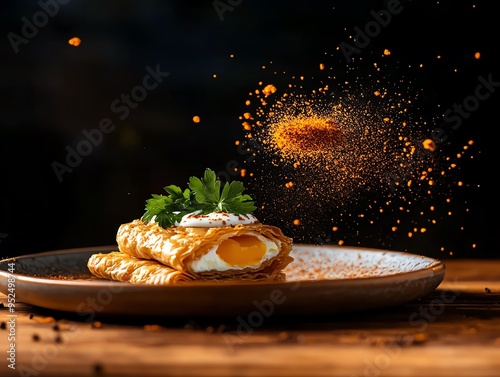 Climateconscious Tunisian brik, a savory pastry filled with organic eggs and parsley, served on a ceramic plate with the backdrop of the Mediterranean coastline photo