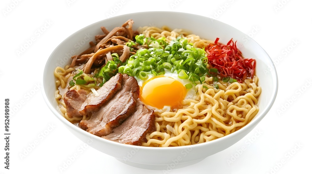 Mouthwatering Ramen Noodle Bowl with Tender Pork and Runny Egg on Pure White Background Mouthwatering Ramen Noodle Bowl with Tender Pork and Runny Egg on Pure White Background