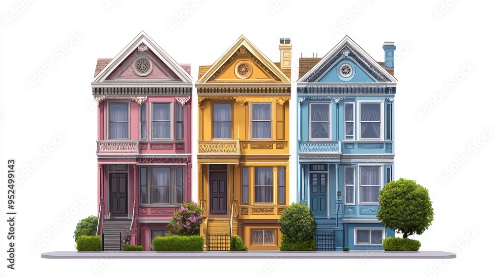 Fototapeta premium Three colorful Victorian-style houses with greenery in a row.