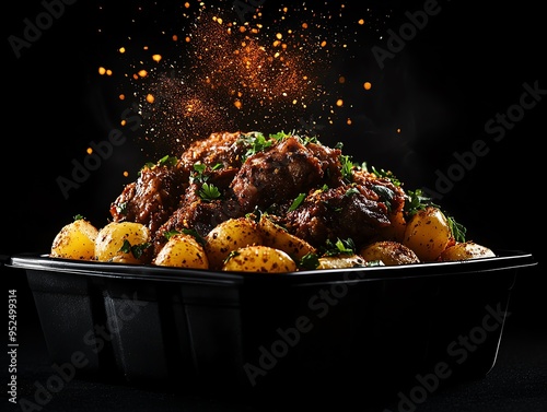 Ecofriendly packaging for Kyrgyz kuurdak, a dish of fried meat and potatoes with organic spices, presented in a biodegradable container with a view of the AlaToo mountains photo