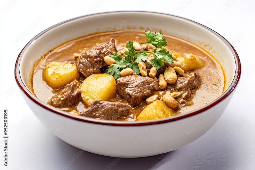 Savory Massaman Curry: Thai Massaman Curry with Tender Beef, Potatoes, and Roasted Peanuts in a Rich Coconut Sauce isolated on white background Savory Massaman Curry: Thai Massaman Curry with Tender Beef, Potatoes, and Roasted Peanuts in a Rich Coconut Sauce isolated on white background