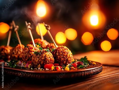 Ecofriendly packaging of Syrian kibbeh nayeh, made with organic bulgur and spices, presented on a copper platter with a backdrop of an ancient Syrian marketplace photo