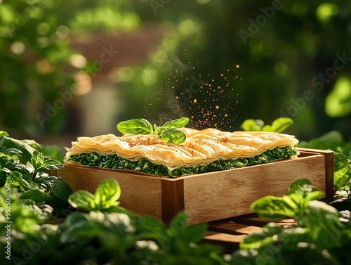 Ecofriendly packaging of Turkish borek, made with organic spinach and local cheese, presented in a paperlined wooden box with the backdrop of a quaint Anatolian village photo