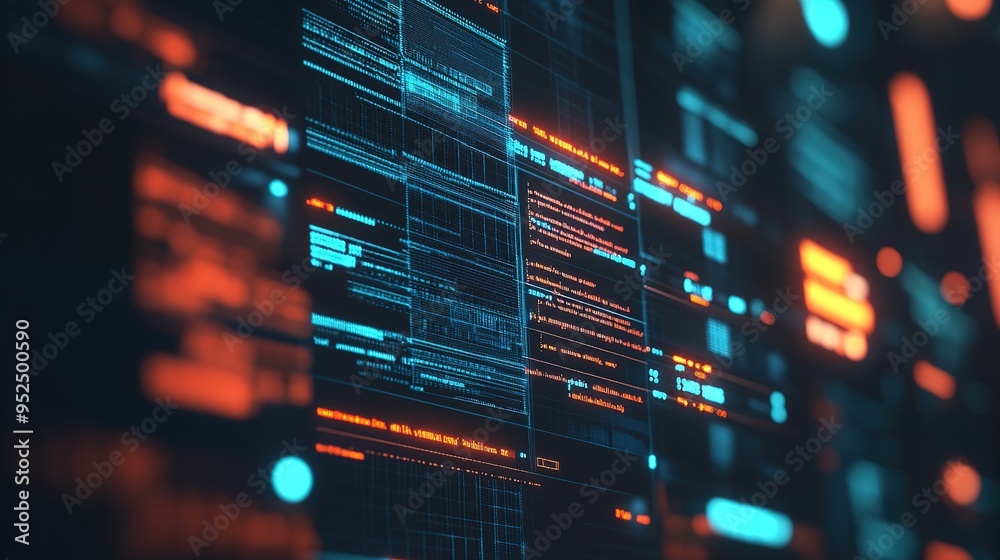 Naklejka premium Digital data streams and code lines illuminated in blue and orange tones in a futuristic environment at night