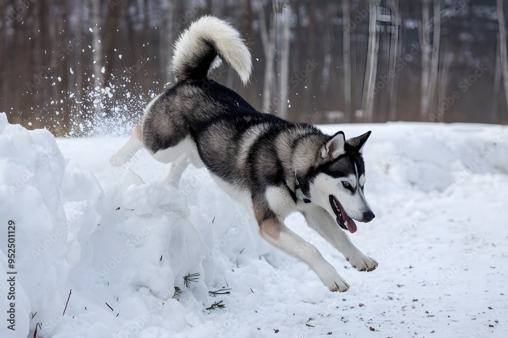 Naklejka premium Siberian Husky dives into snowbank, showcasing agility