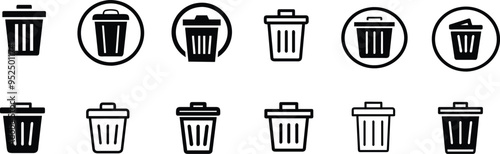 A versatile set of delete and trash bin icons designed for user interface and digital applications. This collection features various styles, including classic trash bins, wastebaskets with open and cl