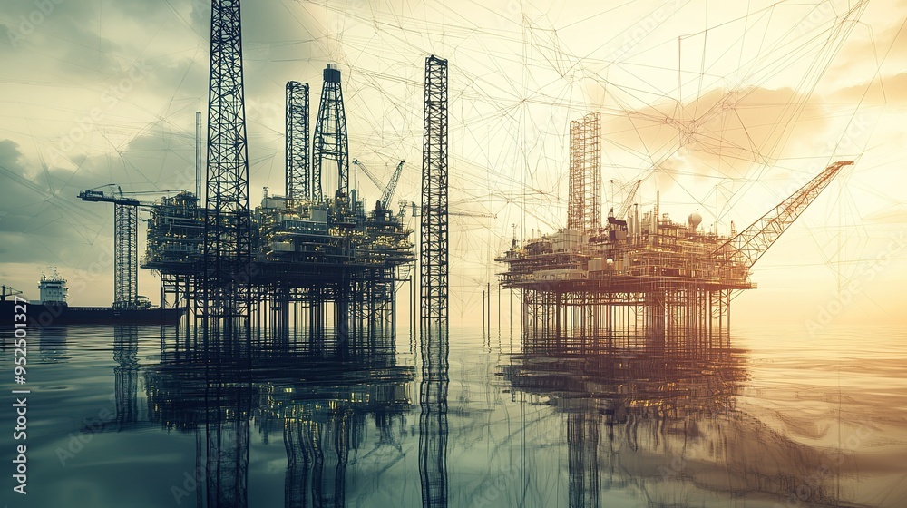 Oil rigs stand tall against a sunset, reflecting on calm waters, showcasing the energy industry's strength and innovation Oil rigs stand tall against a sunset, reflecting on calm waters, showcasing the energy industry's strength and innovation