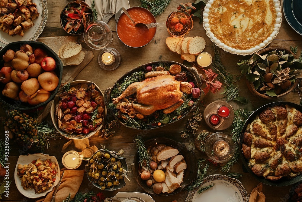 Festive dinner table spread with turkey and sides Festive dinner table spread with turkey and sides
