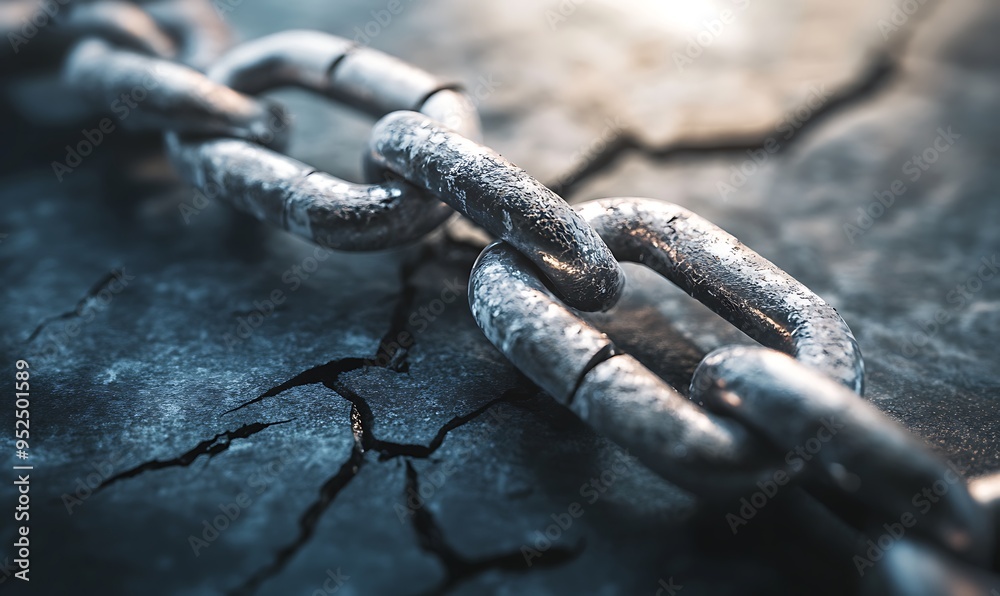 Broken Chain Links Representing Economic Collapse on a Dark Surface with Gloomy Financial Report in the Background Broken Chain Links Representing Economic Collapse on a Dark Surface with Gloomy Financial Report in the Background
