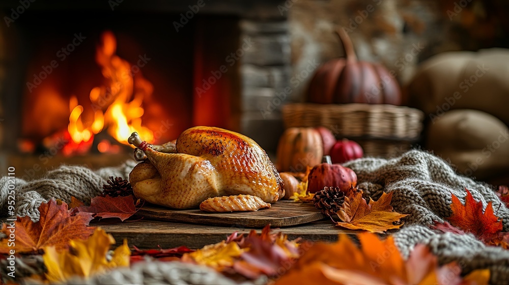Cozy Thanksgiving gathering by a fireplace, turkey on a rustic wooden table, autumn leaves scattered around, knit blankets, warm and intimate setting Cozy Thanksgiving, Intimate gathering Cozy Thanksgiving gathering by a fireplace, turkey on a rustic wooden table, autumn leaves scattered around, knit blankets, warm and intimate setting Cozy Thanksgiving, Intimate gathering