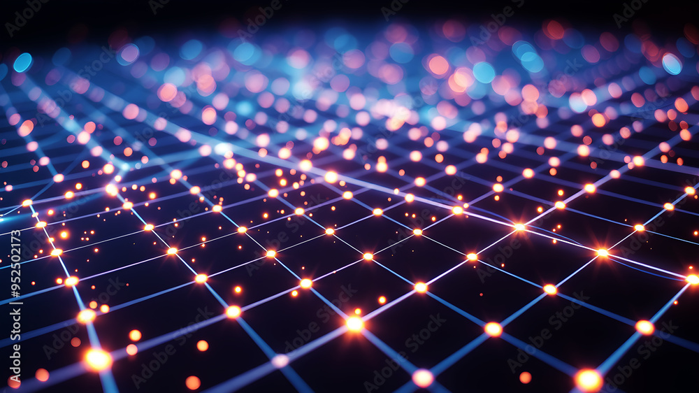 Obraz premium An abstract 3D grid with luminous lines and glowing nodes, creating a sense of depth and motion.