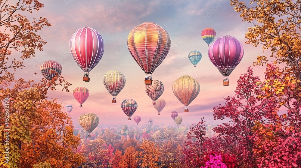 Fototapeta premium Colorful hot air balloons floating over a vibrant autumn landscape during a serene sunrise moment