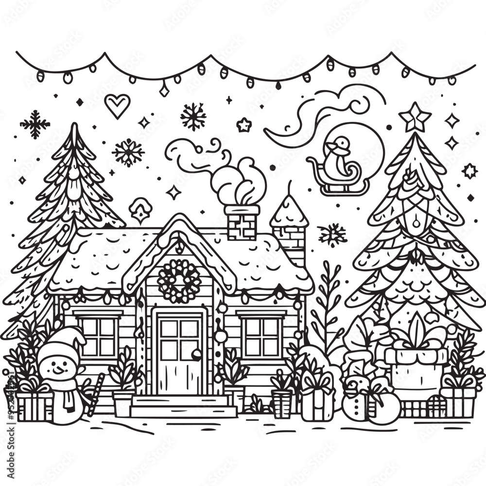 Obraz premium Winter country landscape in continuous line art drawing style, christmas coloring page