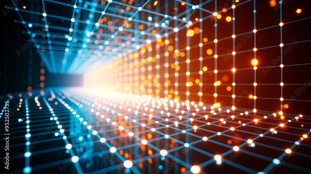 An abstract 3D grid with luminous lines and glowing nodes, creating a sense of depth and motion. An abstract 3D grid with luminous lines and glowing nodes, creating a sense of depth and motion.
