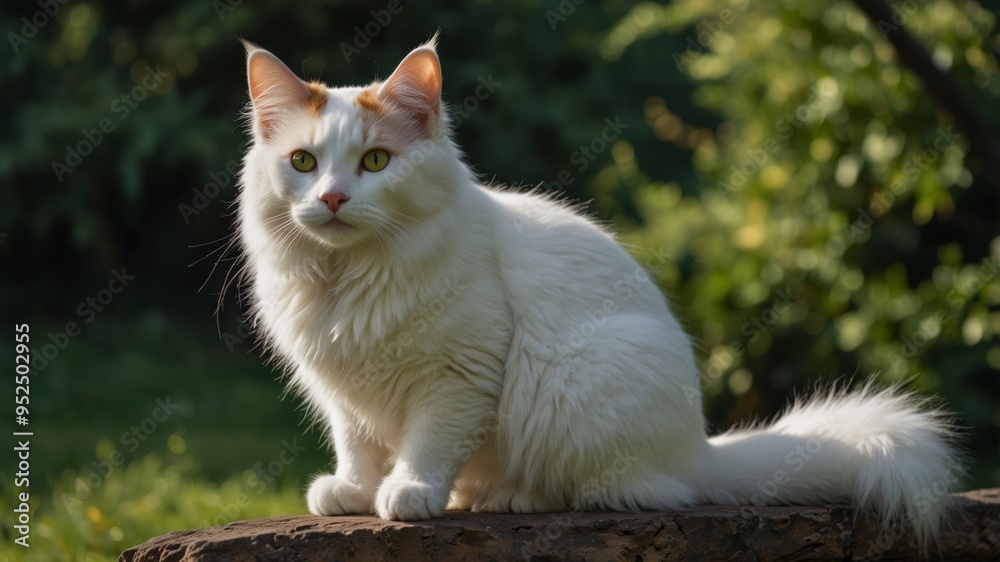 A White Cat Sitting on a Rock with a Green Bokeh Background A White Cat Sitting on a Rock with a Green Bokeh Background