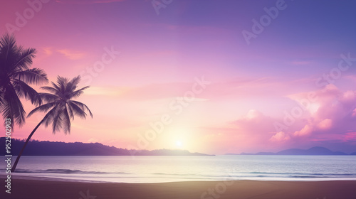 Tranquil Beach at Dawn with Soft Pink and Purple Sky and Palm Trees Silhouetted in the Horizon