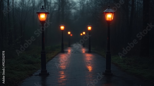 A mist-covered park at night is illuminated by glowing streetlights along a pathway, evoking an atmosphere that is both eerie and serene.