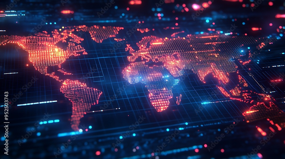 World Map with Glowing Digital Trade Routes Connecting Major Cities, Representing Global Technology Flow World Map with Glowing Digital Trade Routes Connecting Major Cities, Representing Global Technology Flow