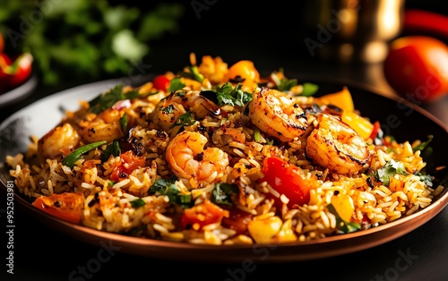 Sustainable seafood Kuwaiti murabyan, cooked with organic shrimp and basmati rice, served on a copper tray with a view of the Persian Gulf