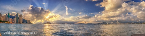 Canvas Print Panorama sunset over the harbor. Kennedy town, Hong Kong.