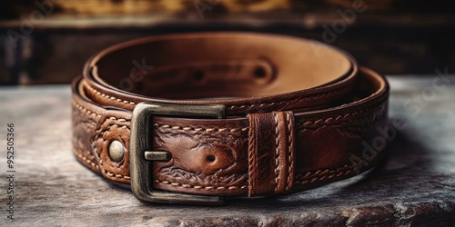 A brown leather belt with an ornate buckle.