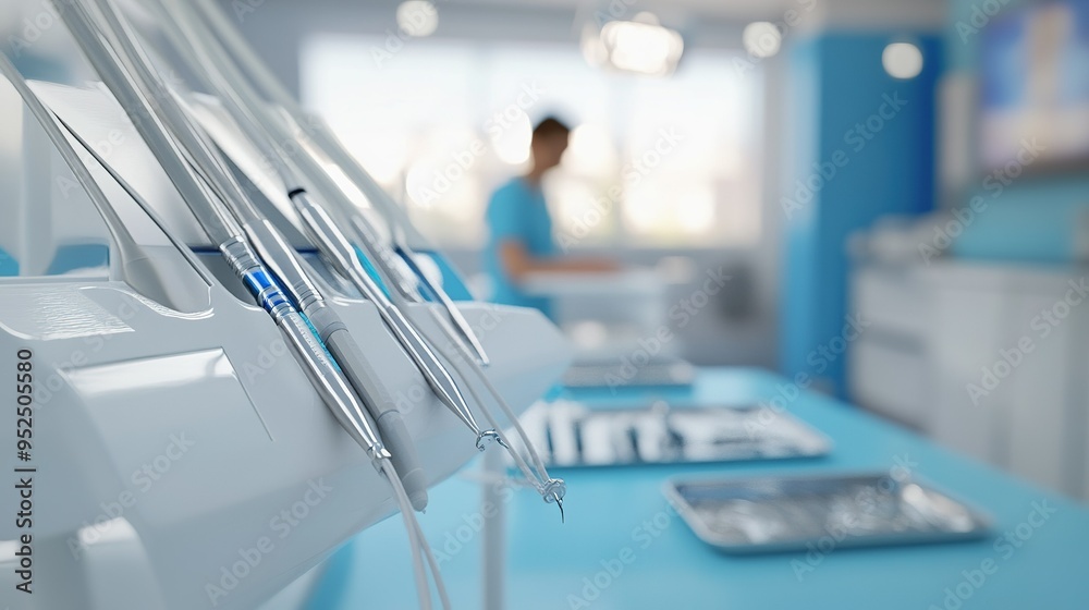 Advanced dental equipment ready for use in a modern clinic with a focused dental professional preparing for patient care