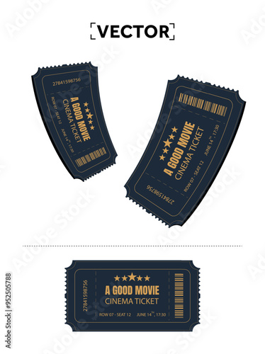 3d flying movie tickets template in blue navy color with barcode, serial number, rating stars, isolated on white background. Falling tickets icon. Vector illustration. Vector illustration