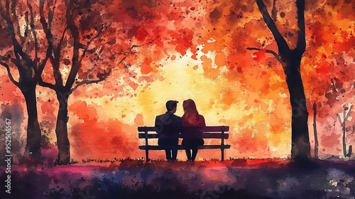 Capture a romantic scene at eye level, emphasizing intimacy and connection between two lovers in a park at sunset using watercolor photo