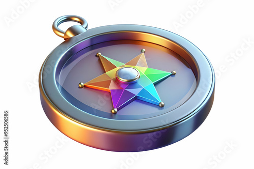 3D Holographic compass with Labh Pancham symbol and copy space concept as A holographic compass with the Labh Pancham symbol glowing on its dial floating above a white background. The compasss glossy  photo