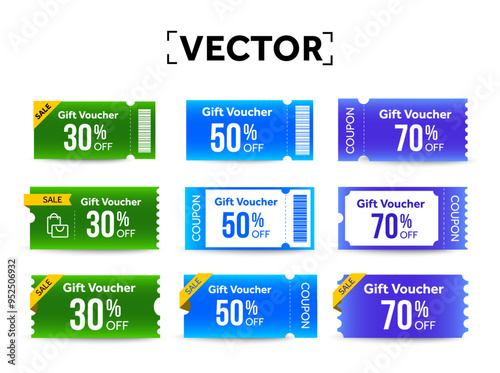 Set of 3d glowing gradient coupons with coupon code, percentage off, barcode, isolated on white background. Gift voucher template set. Coupon set in vector illustration. Vector illustration