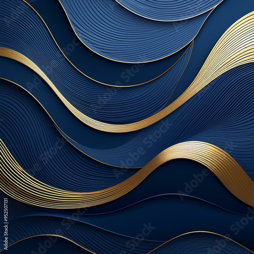 A calming backdrop in shades of dark blue, with soft, flowing waves. The design is minimalist, with subtle gold accents in the waves, adding a touch of elegance without overpowering, Generative AI